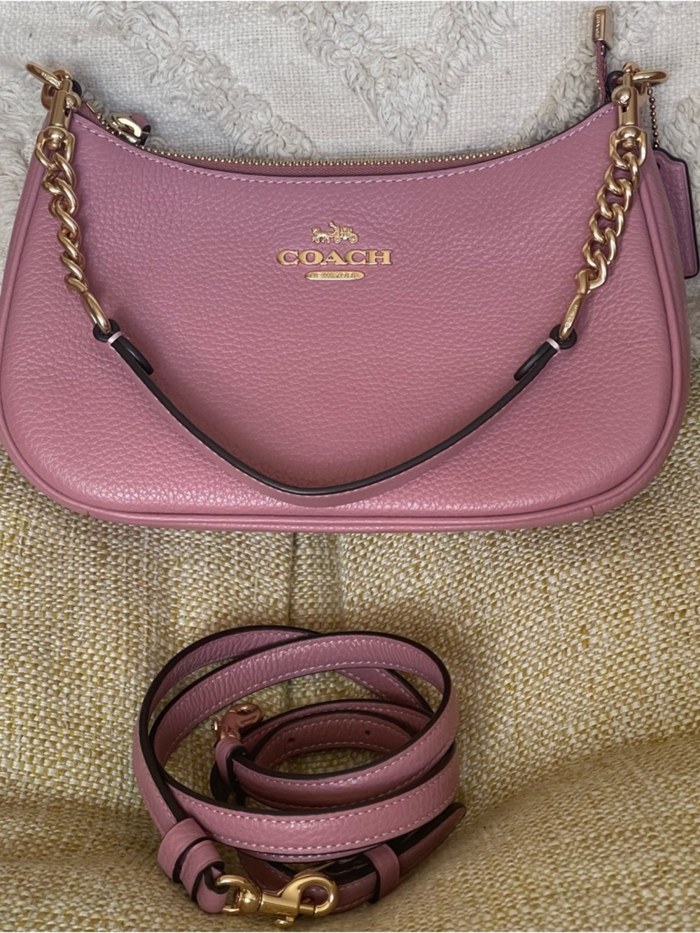 Coach Teri  Pebbled Leather Shoulder Bag in  Pink and Gold hardware